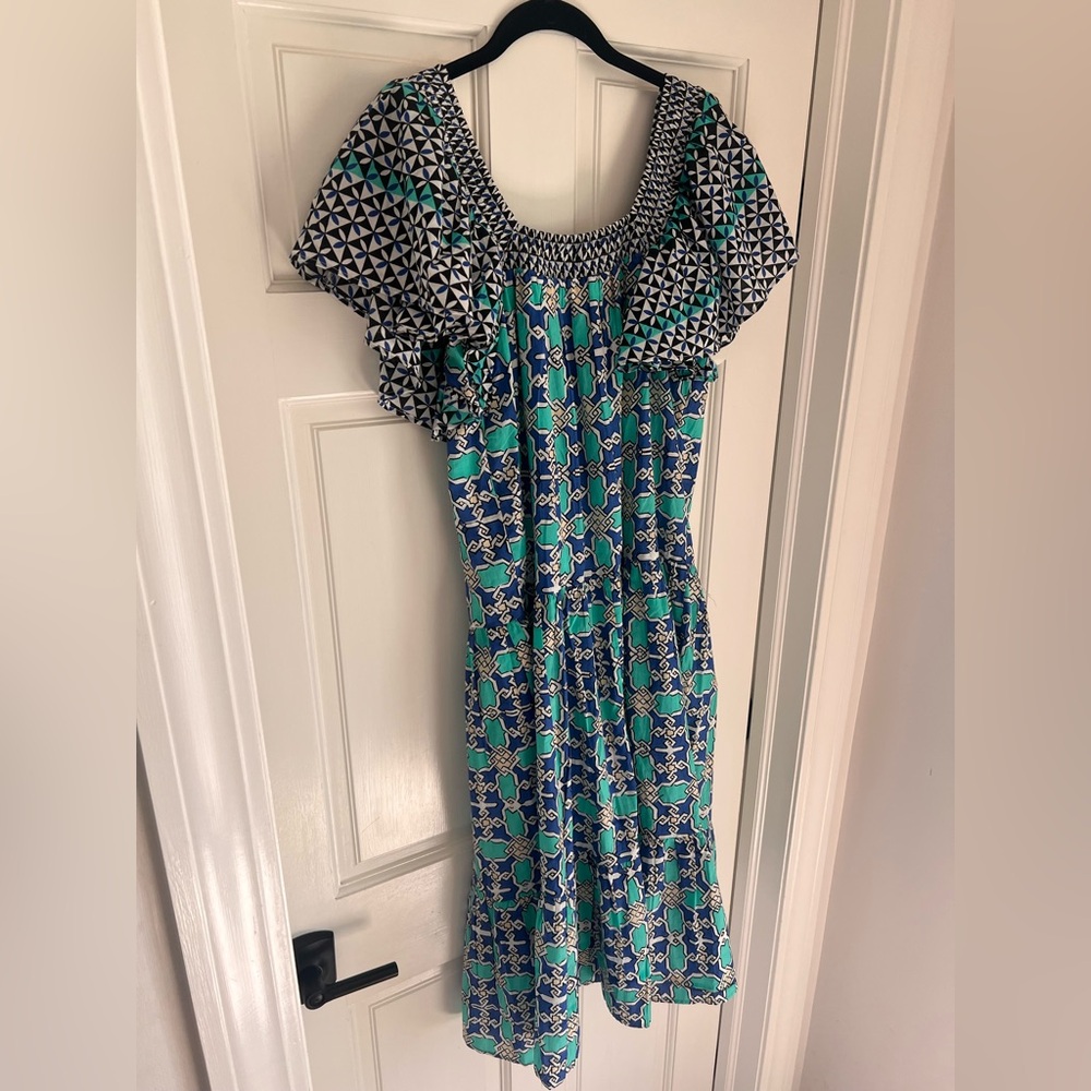 Ro’s Garden Blue & Green Geometric Print Dress – Ruffle Sleeve – Size Small - Picture 5 of 7